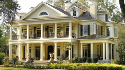 Suburban house with colonial design, inspired by the architecture of the old American colonies. generative ai