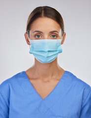 Mask, nurse and woman with portrait, studio and safety with wellness and career for healthcare. White background, medical and person with help, professional and healthy in clinic, employee and expert