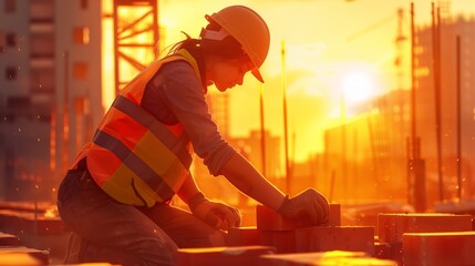 Fototapeta premium A construction worker focuses intently on laying bricks at a bustling urban job site during a vibrant sunset.