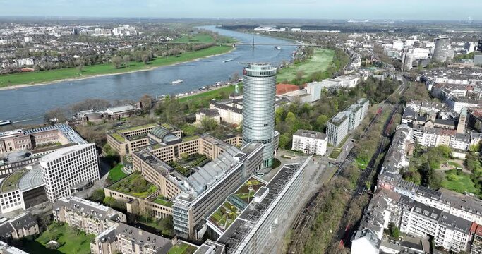 Dusseldorf is the capital of the German state of North Rhine-Westphalia located on the Rhine , just south of the Ruhr area. Urban city views.