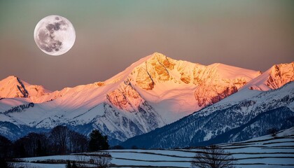 A snow-covered mountain range glowing under the ethereal light of a full moon, casting a magical luminescence over the tranquil winter landscape.