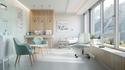 Modern medical office with a mountain view. Bright and clean interior design. Suitable for health, wellness, and consultations. Ideal for stock images and advertising. AI