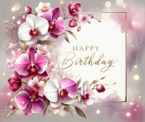 Elegant birthday card with pink and white flowers, 'Happy Birthday' greeting on light background.