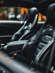 The photo showcases a luxurious car interior with black leather bucket seats and a detailed dashboard. The ambiance reflects a fusion of comfort and modern aesthetics.