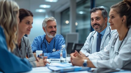 A group of doctors and medical staff engage in a collaborative team discussion at a hospital conference room - Powered by Adobe