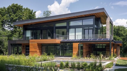 Fototapeta premium Suburban house with a contemporary design, characterized by clean and minimalist lines, large windows and modern finishes. generative ai