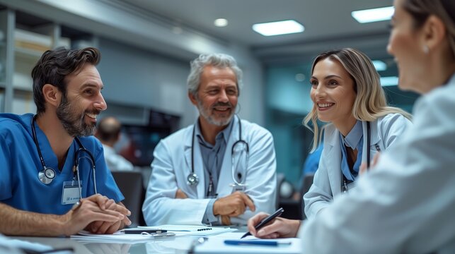 A group of doctors and medical staff engage in a collaborative team discussion at a hospital conference room during the evening.