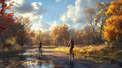 Two individuals are seen cycling along a winding path. 