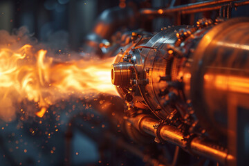Close-up of a rocket engine nozzle during a test firing, capturing the flame and engineering complexity