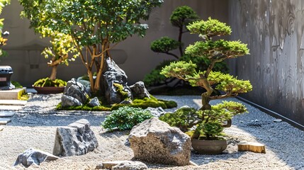A serene meditation garden with carefully arranged rocks and bonsai trees, generative AI......