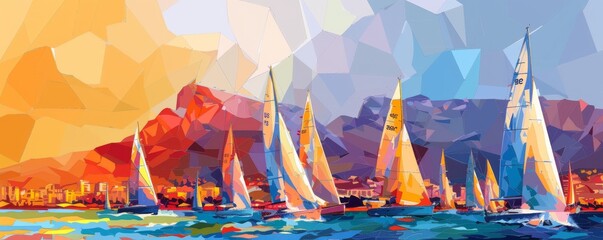 Sailing competition off the coast of Marseille with vibrant boats against a colorful abstract backdrop