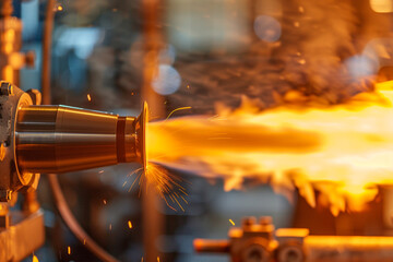 Close-up of a rocket engine nozzle during a test firing, capturing the flame and engineering complexity