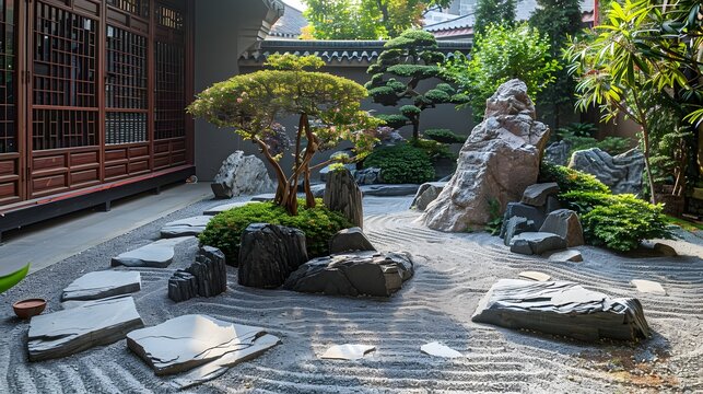 A serene meditation garden with carefully arranged rocks and bonsai trees, generative AI
