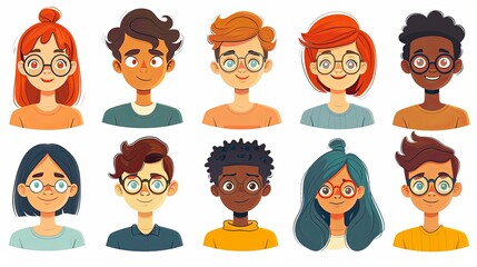 People avatars set. Young men and women with thinking face expressions. Modern line character heads, happy smiling thoughtful girls and guys. Flat vector illustrations isolated on white background