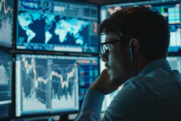Close-up of a stock market trader monitoring multinational corporation stocks, screens showing international indices 