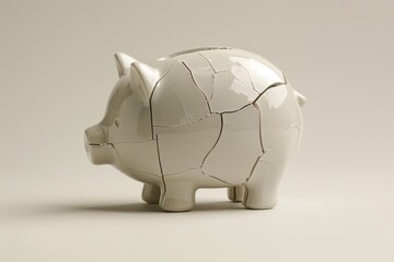 One broken piggy bank with crack lines on plain background.