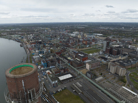 Aerial drone view on chemical production park in Leverkusen, mainly nitration and chlorination products, aromatics, fine chemicals and silicon chemicals are produced here. Product for the