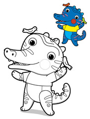 cartoon scene with happy funny dinosaur  dino lizard dragon kid having fun childhood  playing kindergarten  isolated background colorful illustration coloring page with preview