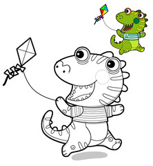 cartoon scene with happy funny dinosaur  dino lizard dragon kid having fun with kite childhood  playing kindergarten  isolated background colorful illustration coloring page with preview