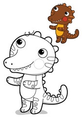 cartoon scene with happy funny dinosaur  dino lizard dragon kid having fun childhood  playing kindergarten  isolated background colorful illustration coloring page with preview