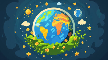 Naklejka premium Colorful illustration of Earth surrounded by nature, stars, and the moon. Perfect for environmental and space-themed projects.