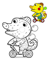 cartoon scene with happy funny dinosaur  dino lizard dragon kid having fun riding bicycle bike childhood  playing kindergarten  isolated background colorful illustration coloring page with preview