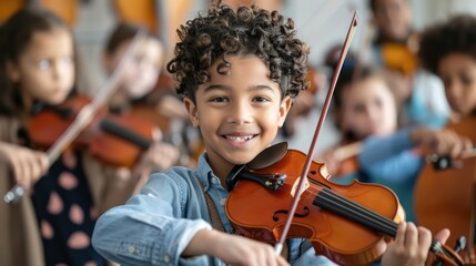 A joyful young boy with curly hair proudly plays the violin among a group of children practicing in an orchestra setting