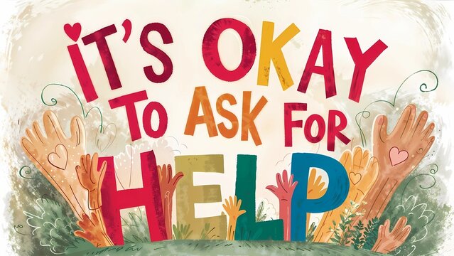 It's Okay to Ask for Help. Typography with letters accompanied by reaching hands and love icons, symbolizing support.