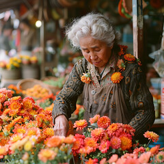 An Asian lady collecting flowers at the market