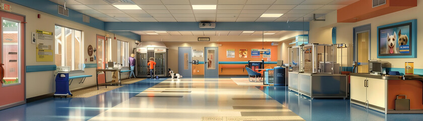Pet Care Facility Floor: Showing grooming stations, pet play areas, kennels, and staff caring for animals