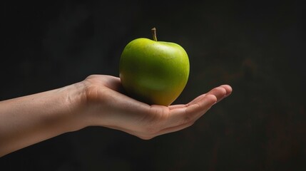 A hand holding a green apple.