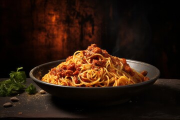 Juicy spaghetti in a clay dish against a rusted iron background