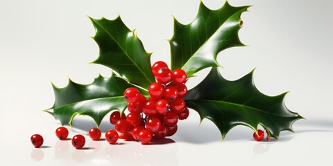Vivid Holly Berries and Glossy Leaves on White Background