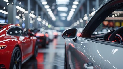 Luxury sports cars are showcased in a modern museum under bright lights.