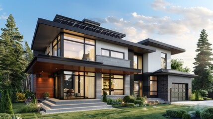 Fototapeta premium Suburban house with a contemporary design, characterized by clean and minimalist lines, large windows and modern finishes. generative ai