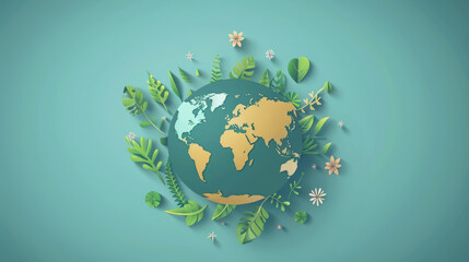 Illustration of Earth surrounded by green leaves, signifying environmental conservation and sustainability on a blue background.