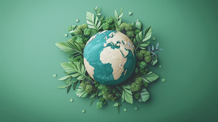 Illustration of Earth surrounded by lush green leaves on a green background, symbolizing environmental protection and sustainability.