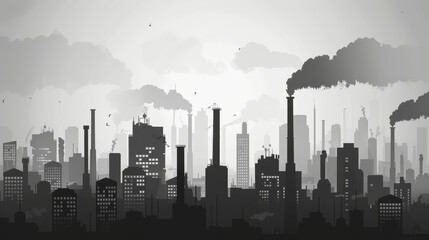 Industrial cityscape with factories emitting smoke into the air, representing pollution and environmental issues in urban areas.