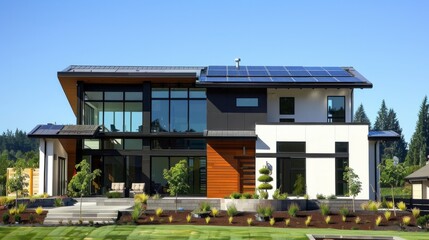 Obraz premium Suburban house with a contemporary design, characterized by clean and minimalist lines, large windows and modern finishes. generative ai