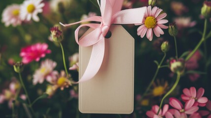 Blank Gift Tag With Pink Ribbon Amongst Daisies