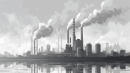 Obraz premium Monochrome industrial landscape with factory chimneys emitting smoke, reflecting on water, depicting pollution and environmental impact.