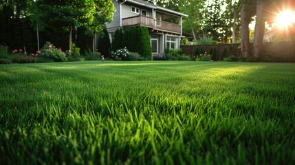 Sunset Glow Over Lush Backyard Lawn Near Cozy House