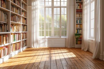 Obraz premium Empty room with large windows and sunlight casting shadows on white walls.