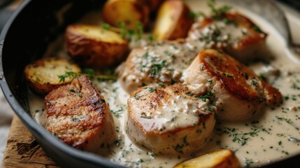 Seared pork chops with herbs and roasted potatoes in a pan.