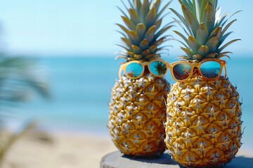Digital artwork of pineapples with sunglasses sitting on a table at the beach with blue sea background stock photo