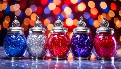 Festive glass jars filled with blue, silver, red, and purple glitter with a bokeh light background, creating a celebratory holiday ambiance.