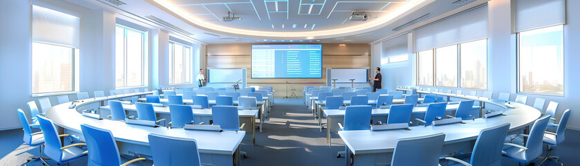 Corporate Training Center Floor: Featuring training rooms, presentation screens, seminar setups, and trainers conducting sessions