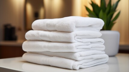 Stack of white towels on wooden table with green plant in background.