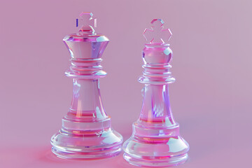 Holographic chess on a pink background.Chess game figurine. Chess pieces. Board games. Strategy games. Business strategy. 3d illustration, 3d rendering