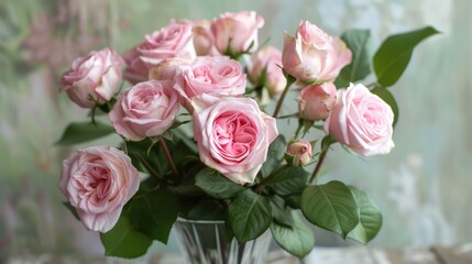 Pink roses bouquet in a glass vase. Floral beauty and romance concept for design and print.